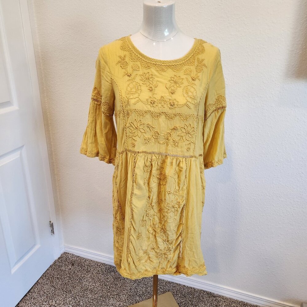 Embroidered Yellow Cotton Mini Dress